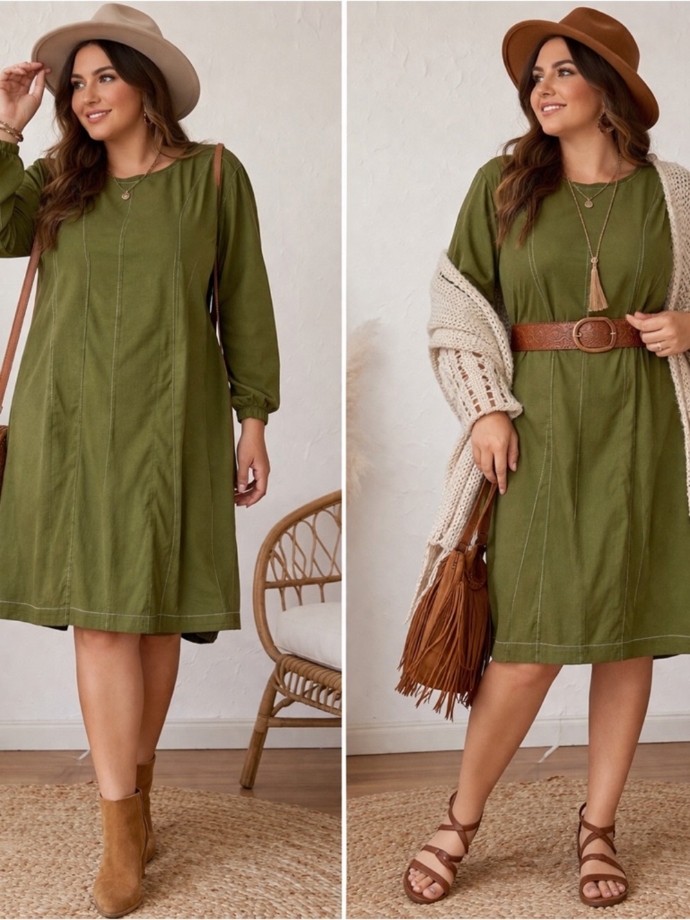 Relaxed Olive Midi Dress with Long Sleeves 06-0227